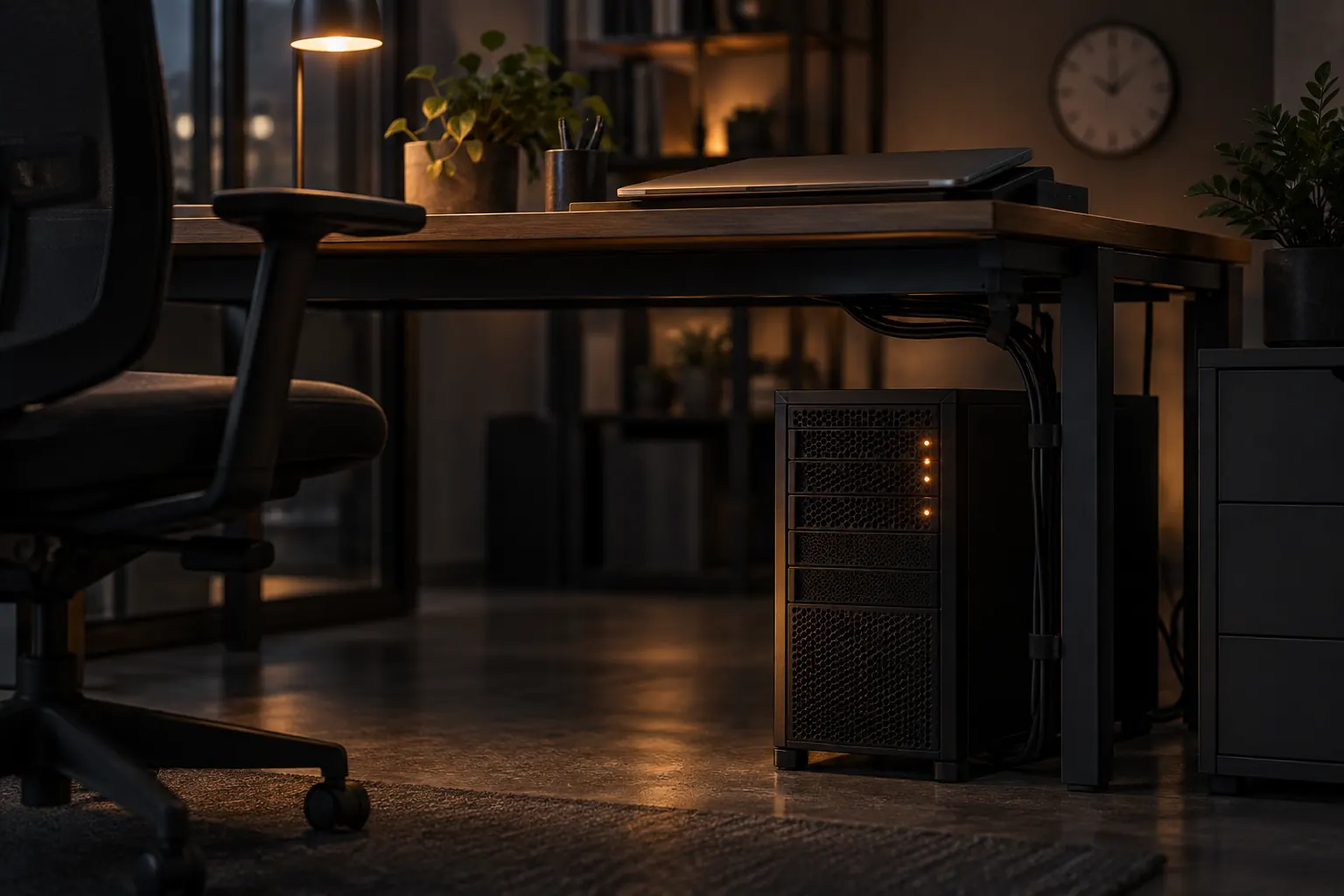 Kleiner Server unter einem Schreibtisch, Kabel gebündelt, Büro nach Feierabend
