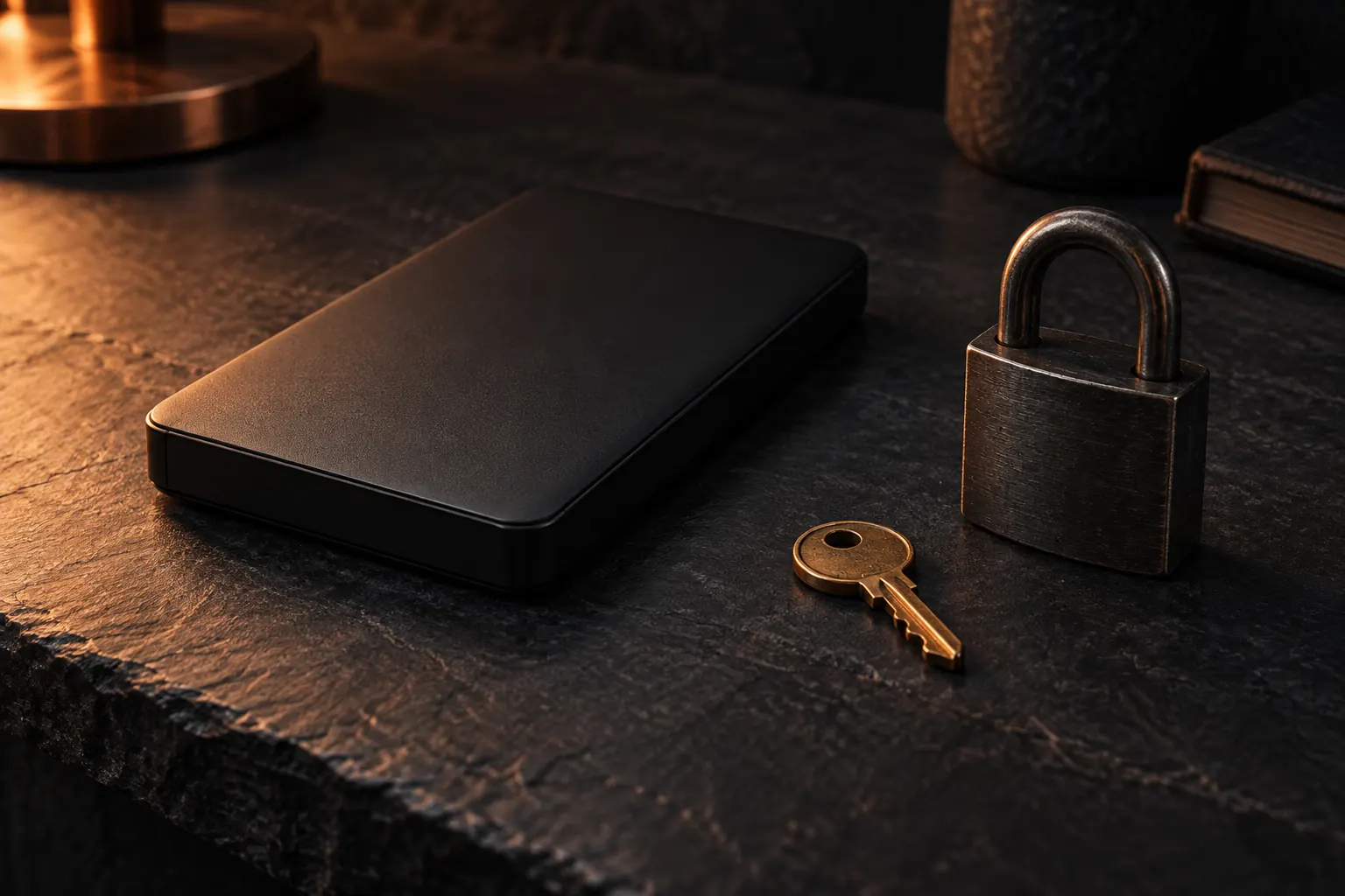 Externe Backup-Festplatte, Schlüssel und Vorhängeschloss auf Schiefer
