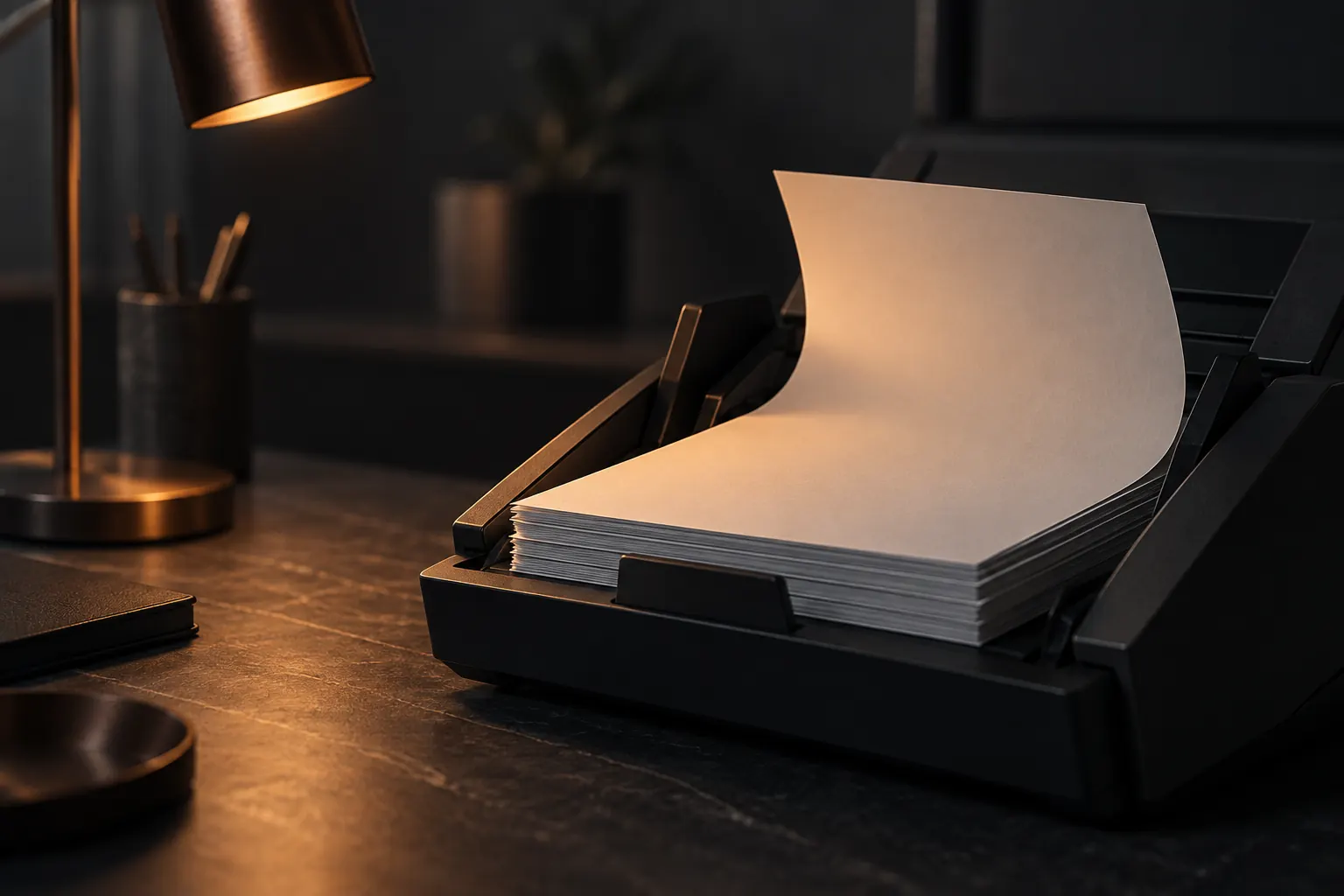 Stapel Papierdokumente im Einzug eines Scanners, ein Blatt angehoben